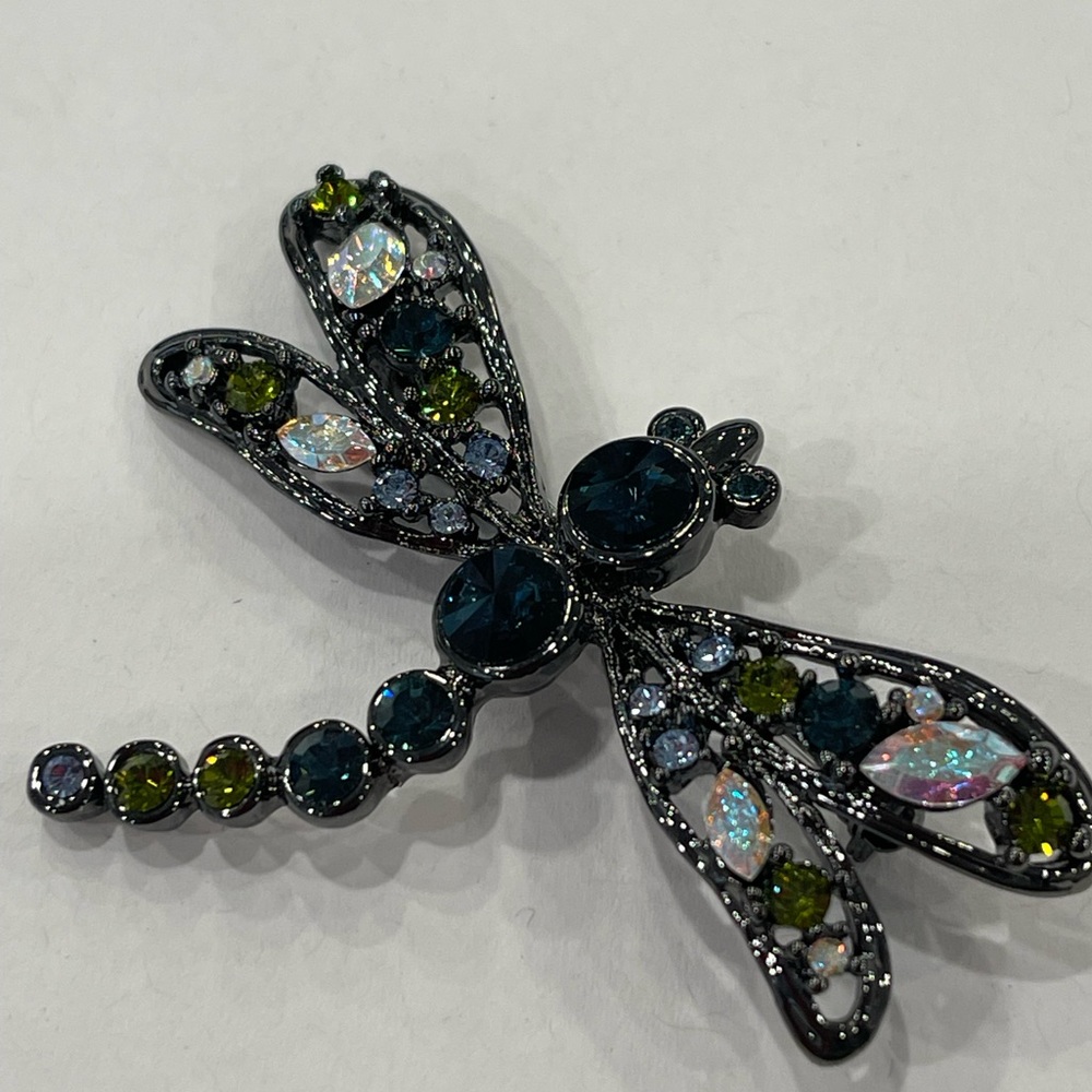 Vintage Multicolor Rhinestone Dragonfly Brooch Black Metal  Has Crown Mark - Picture 2 of 16